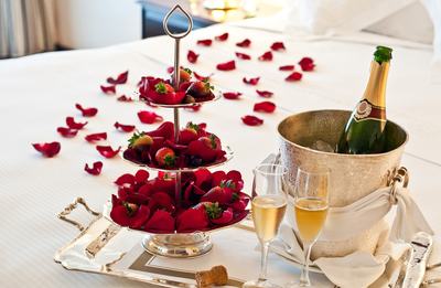 Champagne and strawberries for honeymooners
